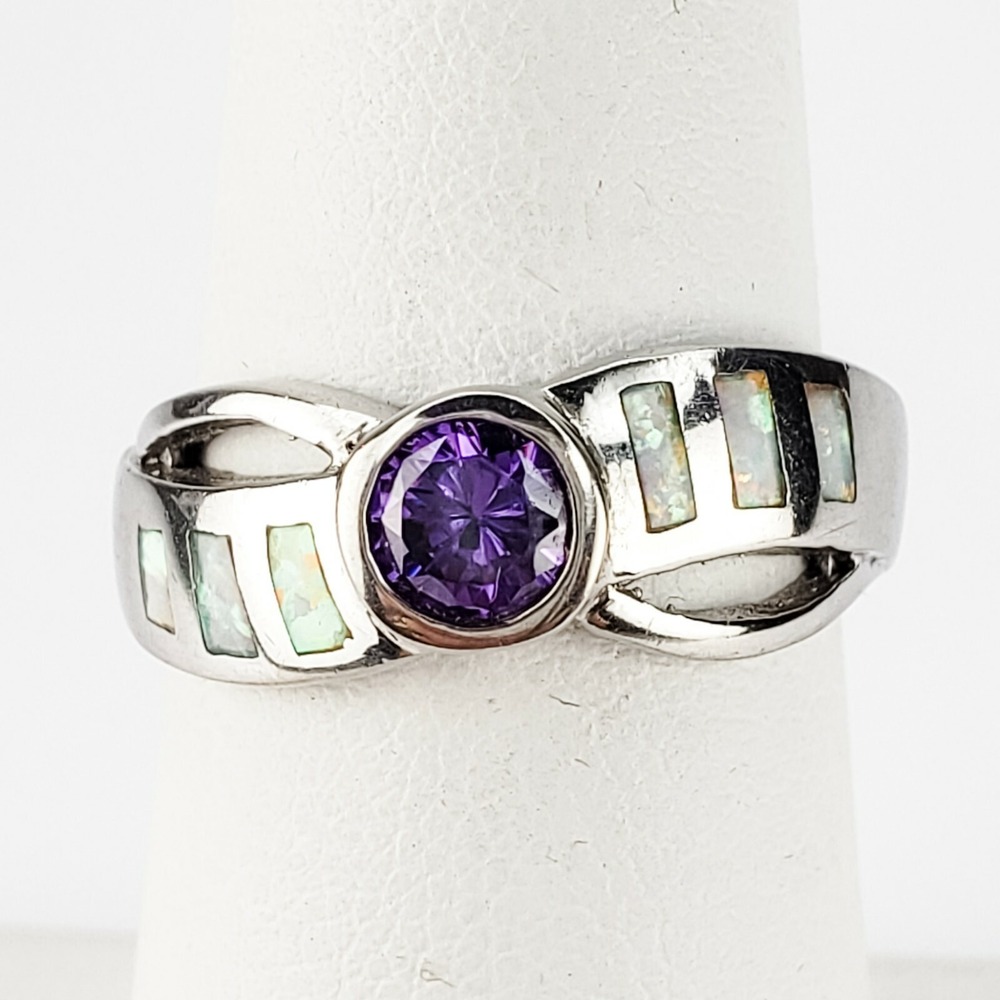 Vintage Ring Sterling Silver 925 Size‎ 6 Purple Amethyst Faux Opal Bypass Band